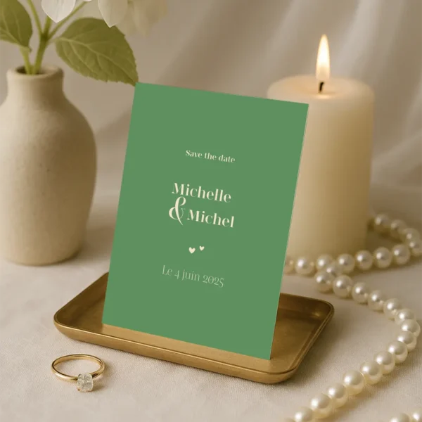 Save the Date Minimaliste Coeurs - Vert Sauge