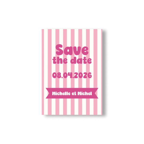 Save the date rose bonbon rayures rose et blanches invitation moderne et originale