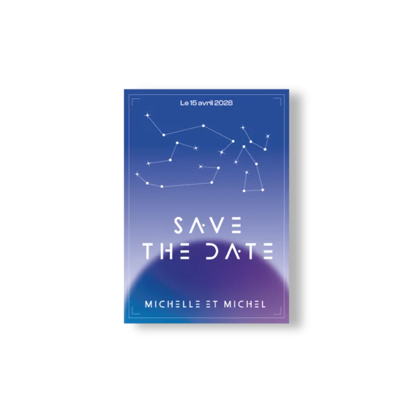 Carte Save the Date mariage bleu ciel avec constellations et le message “Notez la date” en typographie futuriste blanche sur fond spatial.