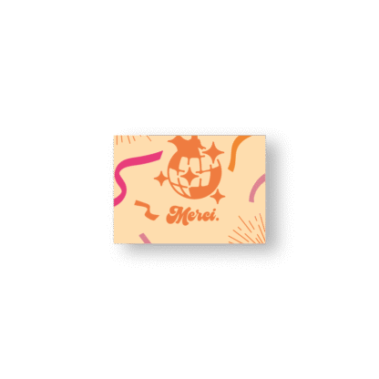 Carte de remerciement mariage orange et rose dans un style disco, avec typographie arrondie et illustration dansante.