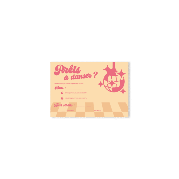 Une Carte réponse RSVP qui propose à vos invités de venir faire la fête à votre réception décoré d'une boule disco genre année 70 et d'un damier crème.