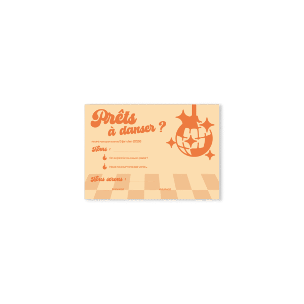 Une carte RSVP Disco dans une ambiance festive et rétro, fond clair avec éléments graphiques orange et typographie ludique.