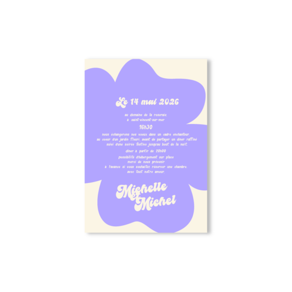 Verso du faire-part Violette dans une ambiance florale élégante, décoré de petites violettes mauves sur fond blanc avec zone de texte centrale.