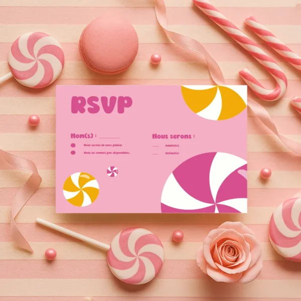 Carte RSVP rose avec zones à cocher et décor de sucettes orange et fuchsia.