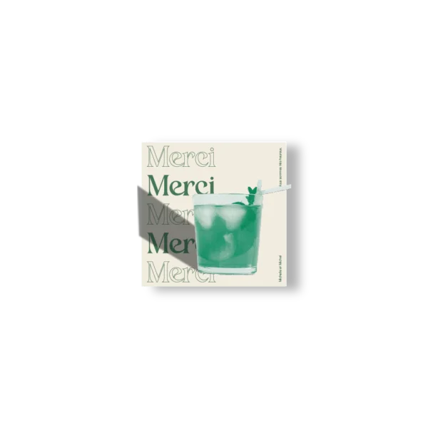 Carte de remerciement carrée avec texte "Merci" répété et un cocktail vert frais, Collection Cocktail.