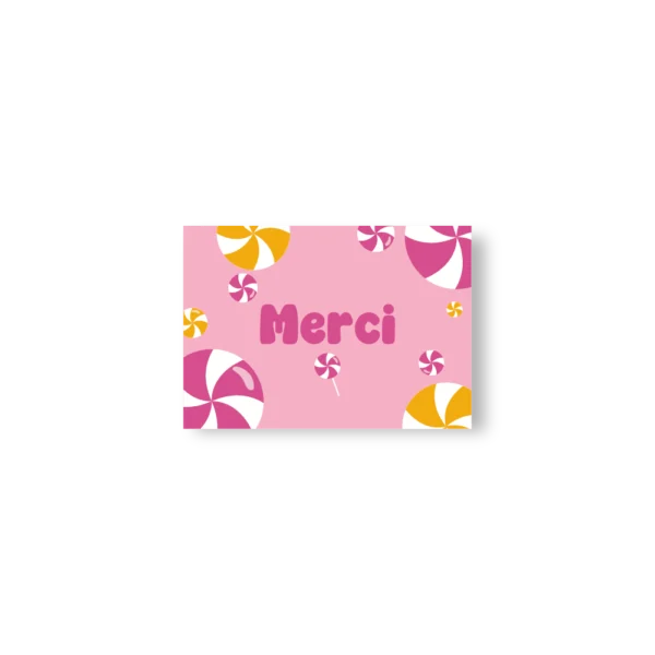 Carte de remerciement rose avec sucettes orange et fuchsia, style ludique et coloré.