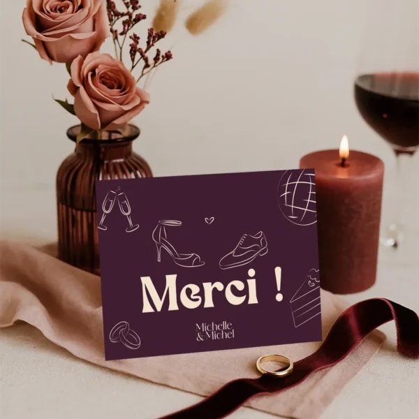 Carte de remerciement mariage Bordeaux avec illustrations festives – modèle Dolce Vita Vinho