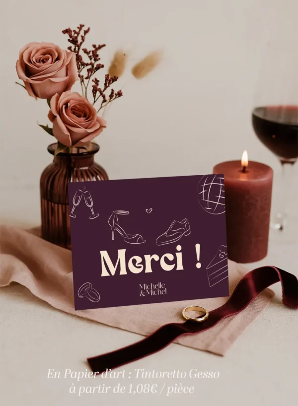 Carte de remerciement mariage Bordeaux avec illustrations festives – modèle Dolce Vita Vinho