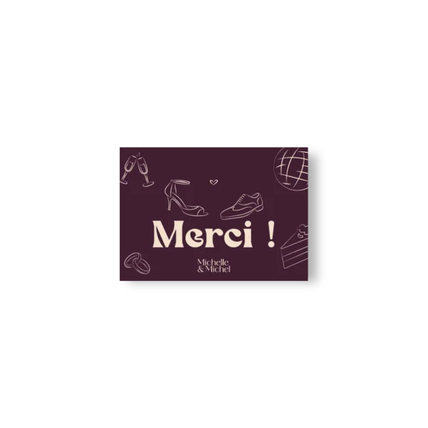 Carte de remerciement mariage Bordeaux avec illustrations festives – modèle Dolce Vita Vinho