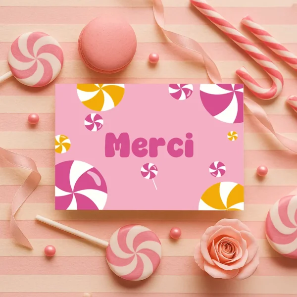Carte de remerciement rose avec sucettes orange et fuchsia, style ludique et coloré.