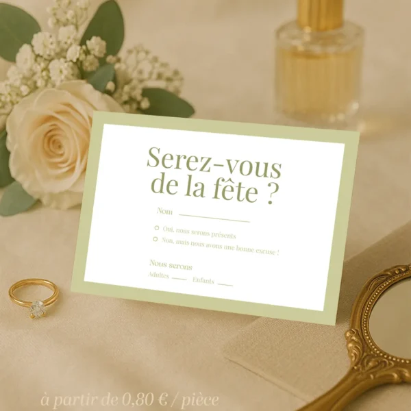 Carte RSVP vert olive avec encadrement graphique et texte clair, pour confirmer sa présence à un mariage avec style.