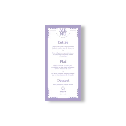 Menu de mariage lilas et blanc au format vertical, avec encadrement graphique, texte centré et illustration de pièce montée en bas.