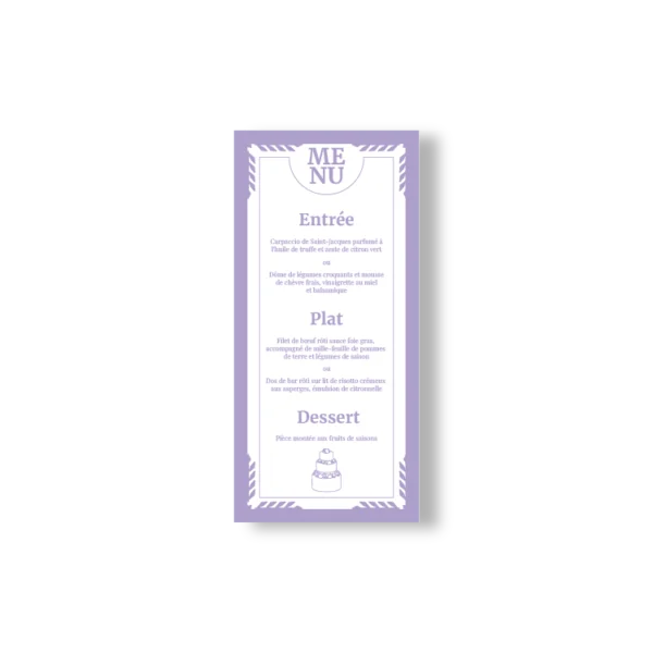 Menu de mariage lilas et blanc au format vertical, avec encadrement graphique, texte centré et illustration de pièce montée en bas.