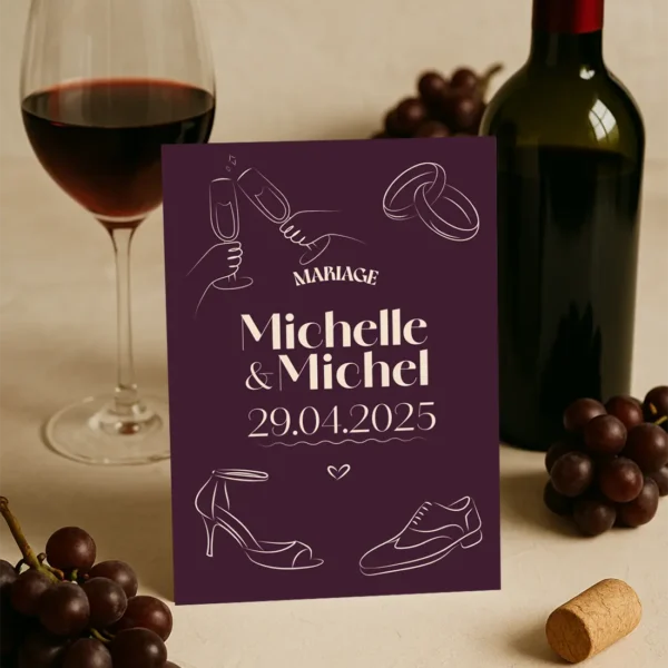 Faire-part mariage Bordeaux avec illustrations festives et programme au verso – modèle Dolce Vita Vinho