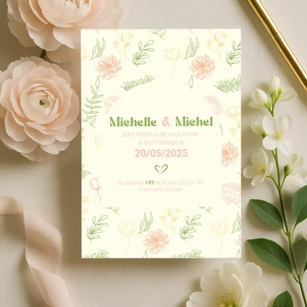 Faire-part de mariage fleuri, avec la date en typographie centrale, sur fond crème orné de fleurs dessinées en rose, jaune et vert
