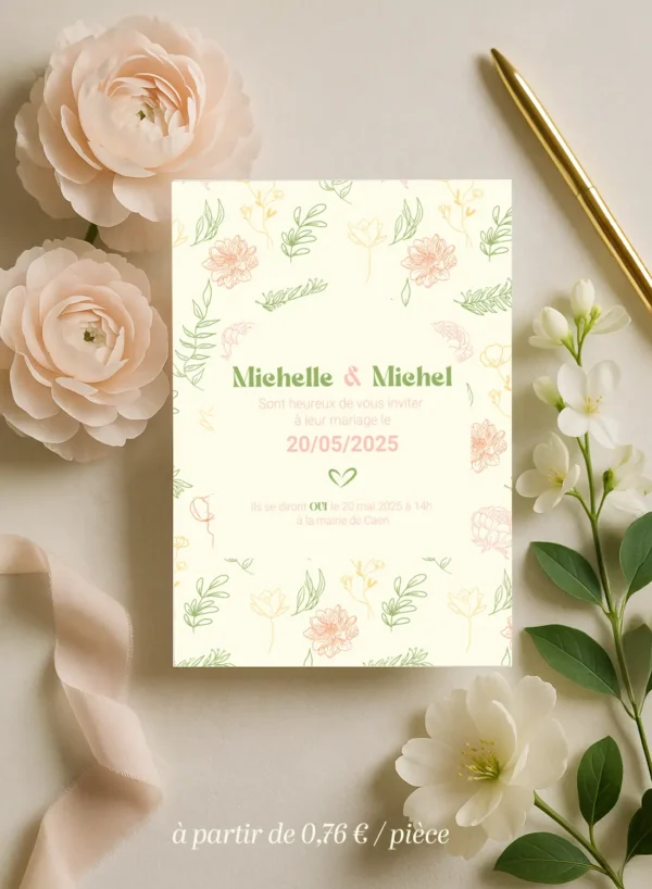 Faire-part de mariage fleuri, avec la date en typographie centrale, sur fond crème orné de fleurs dessinées en rose, jaune et vert
