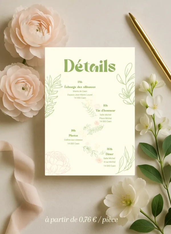 Faire-part de mariage fleuri, avec la date en typographie centrale, sur fond crème orné de fleurs dessinées en rose, jaune et vert