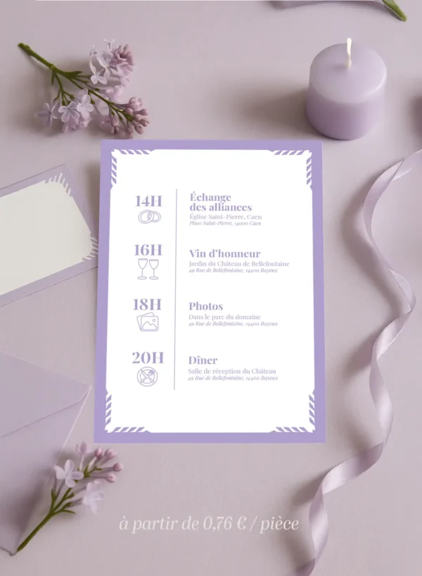 Faire-Part de mariage lilas et blanc avec prénoms centrés, date en bas et encadrement graphique discret, style sobre et élégant.