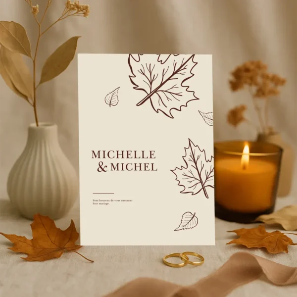 Faire-part de mariage fond beige avec prénoms et feuillages chocolat illustrés, ambiance automnale élégante.