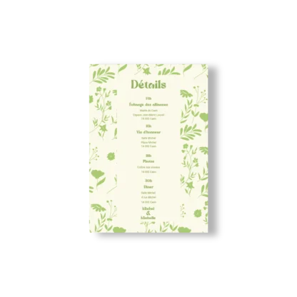 Recto de faire-part de mariage au fond crème aux motifs floraux verts encadrant un programme détaillé de la journée, issu de la Collection Printemps.