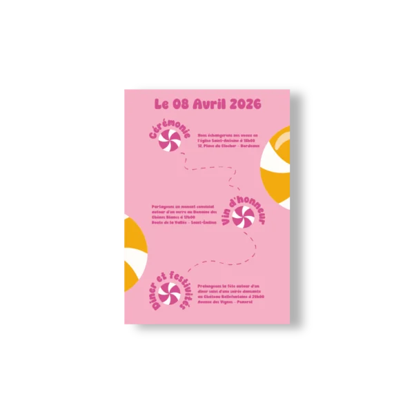 Verso avec plan visuel du jour J, ponctué de sucettes colorées sur fond rose.