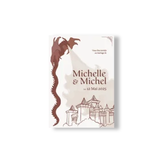 Faire-part de mariage fantasy avec dragon cracheur de fumée, château en fond et prénoms écrits dans un style médiéval.
