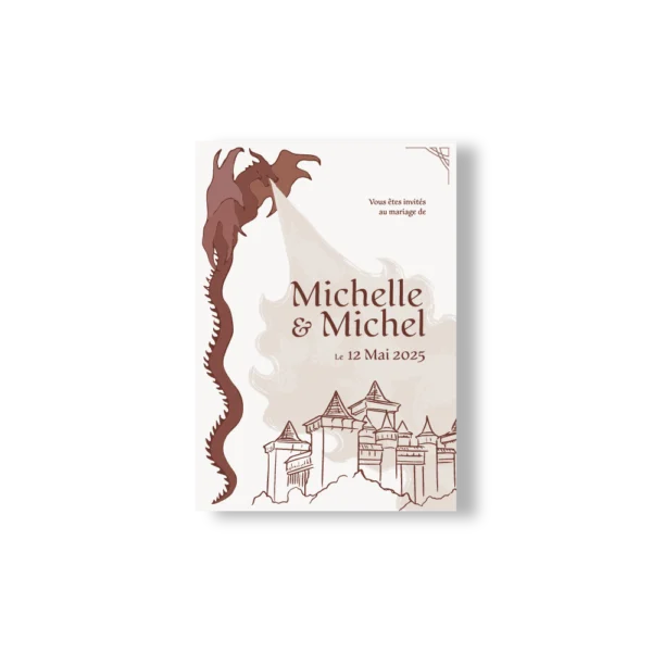 Faire-part de mariage fantasy avec dragon cracheur de fumée, château en fond et prénoms écrits dans un style médiéval.