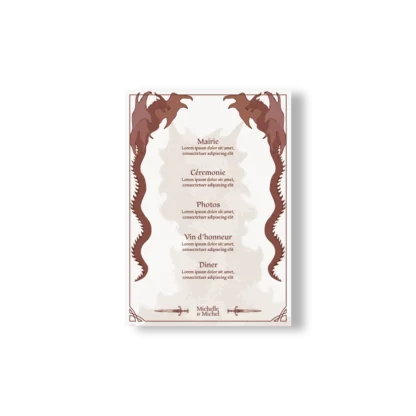 Programme de mariage encadré par deux dragons illustrés, fond crème, texte centré et décorations médiévales.
