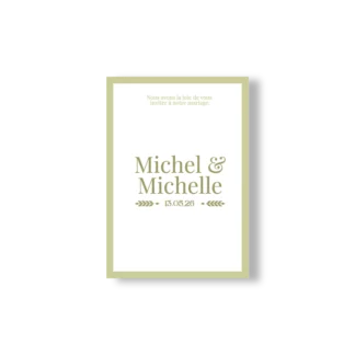 Faire-part mariage recto verso vert olive, avec prénoms et déroulé élégant du jour J.