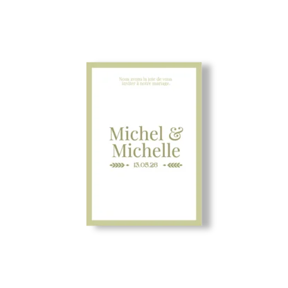 Faire-part mariage recto verso vert olive, avec prénoms et déroulé élégant du jour J.