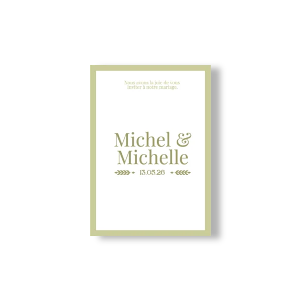 Faire-part mariage recto verso vert olive, avec prénoms et déroulé élégant du jour J.