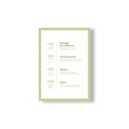 Faire-part mariage recto verso vert olive, avec prénoms et déroulé élégant du jour J.