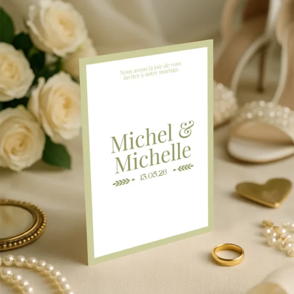 Faire-part mariage recto verso vert olive, avec prénoms et déroulé élégant du jour J.