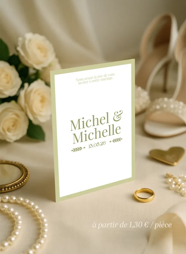 Faire-part mariage recto verso vert olive, avec prénoms et déroulé élégant du jour J.