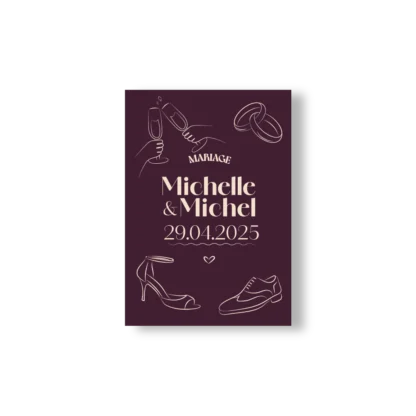 Faire-part mariage Bordeaux avec illustrations festives et programme au verso – modèle Dolce Vita Vinho