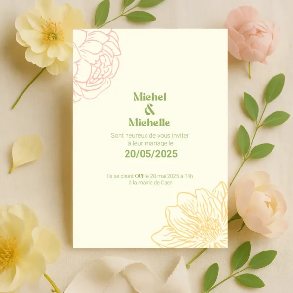 faire-part de mariage avec texte centré et fleurs jaune et rose sur fond crème.