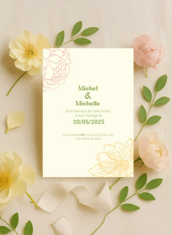 faire-part de mariage avec texte centré et fleurs jaune et rose sur fond crème.