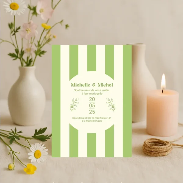 Faire-part de mariage rayé vert et crème, avec une typographie élégante et des illustrations florales, issu de la Collection Printemps.