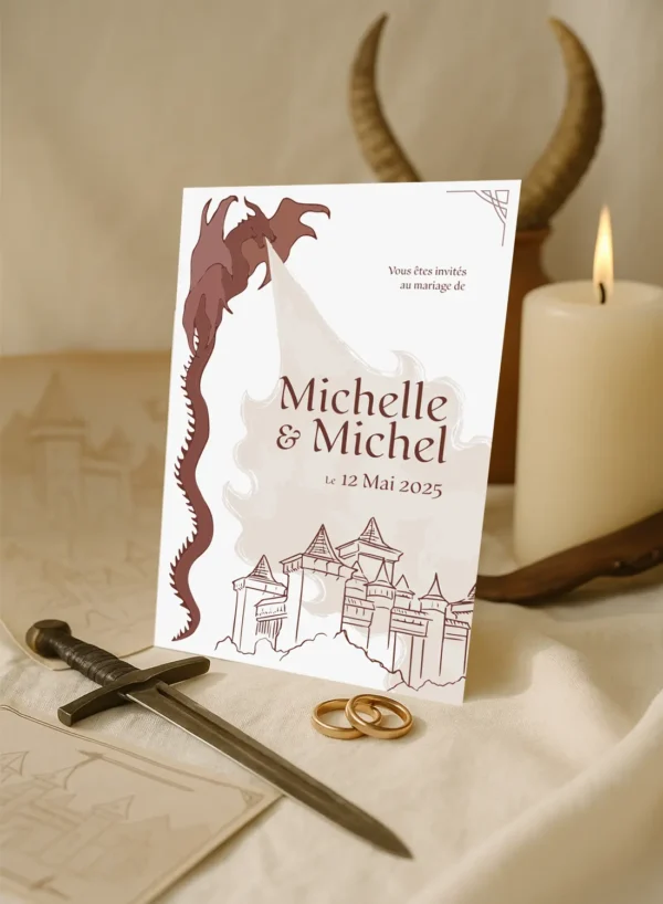 Faire-part de mariage fantasy avec dragon cracheur de fumée, château en fond et prénoms écrits dans un style médiéval.