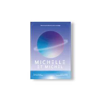 Faire-part mariage bleu ciel avec une grande planète dégradée et le message "Nous vous invitons à notre mariage", noms en typo géométrique blanche.