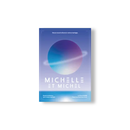 Faire-part mariage bleu ciel avec une grande planète dégradée et le message "Nous vous invitons à notre mariage", noms en typo géométrique blanche.