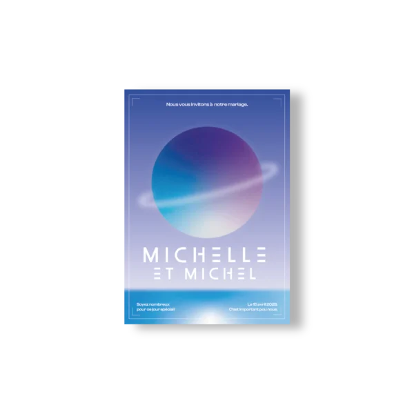 Faire-part mariage bleu ciel avec une grande planète dégradée et le message "Nous vous invitons à notre mariage", noms en typo géométrique blanche.