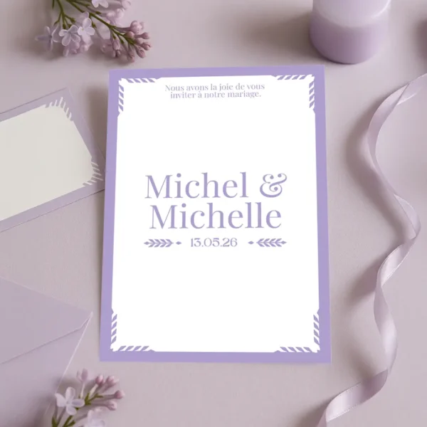 Faire-Part de mariage lilas et blanc avec prénoms centrés, date en bas et encadrement graphique discret, style sobre et élégant.