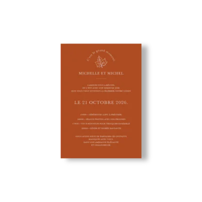 Faire-part Ambre Doux détaillant le programme du mariage sur fond caramel doux. Lecture fluide, ambiance élégante et de saison