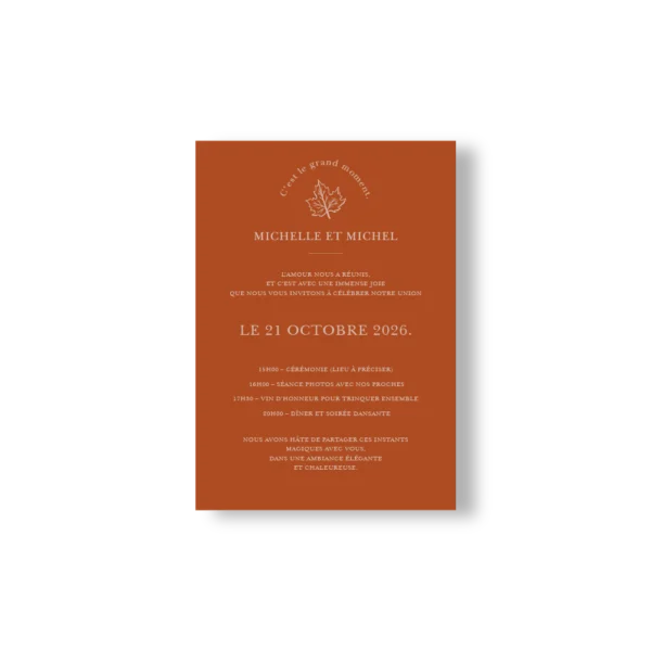 Faire-part Ambre Doux détaillant le programme du mariage sur fond caramel doux. Lecture fluide, ambiance élégante et de saison