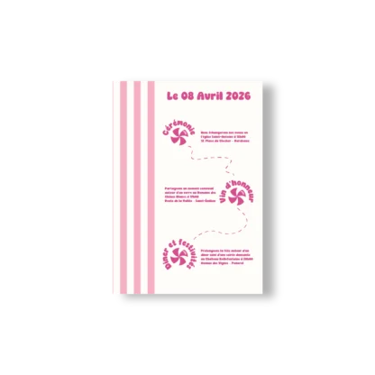 Verso du faire-part avec programme visuel et rayures roses sur le côté gauche.