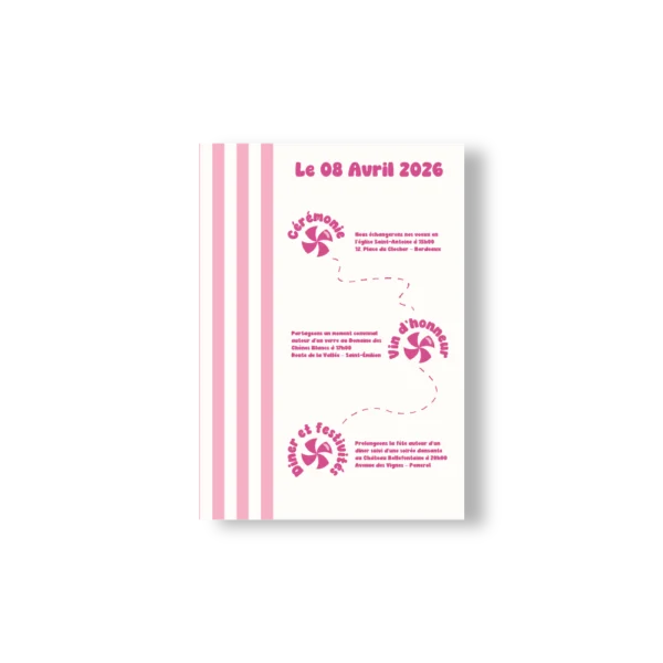 Verso du faire-part avec programme visuel et rayures roses sur le côté gauche.