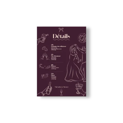 Faire-part mariage Bordeaux avec illustrations festives et programme au verso – modèle Dolce Vita Vinho