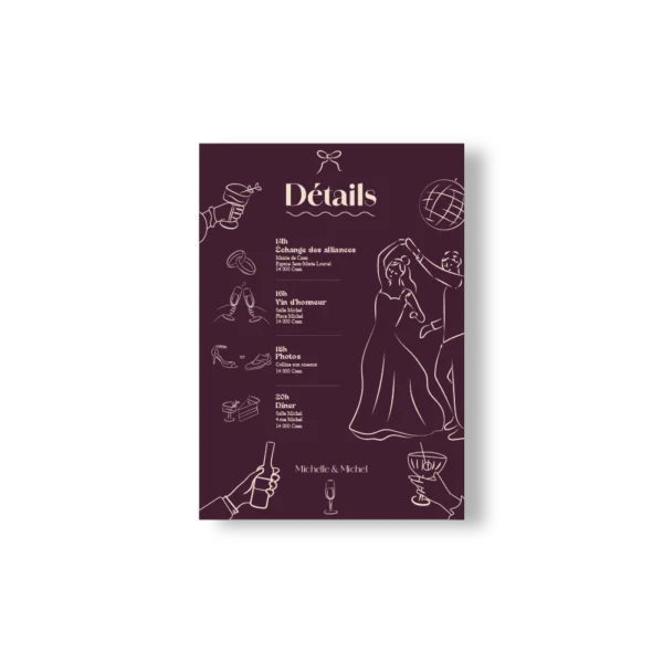 Faire-part mariage Bordeaux avec illustrations festives et programme au verso – modèle Dolce Vita Vinho