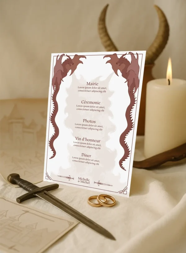 Faire-part de mariage fantasy avec dragon cracheur de fumée, château en fond et prénoms écrits dans un style médiéval.